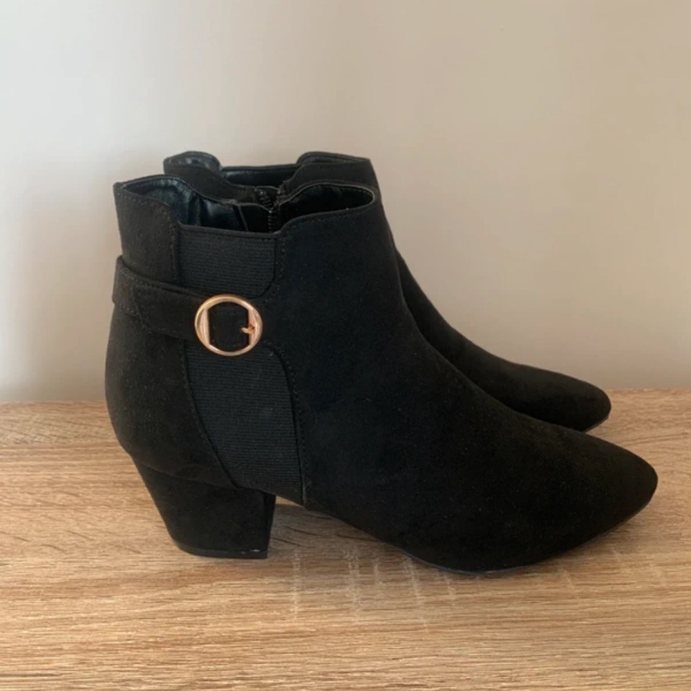 Boots Black Heeled Ankle Boots with Gold Accent
